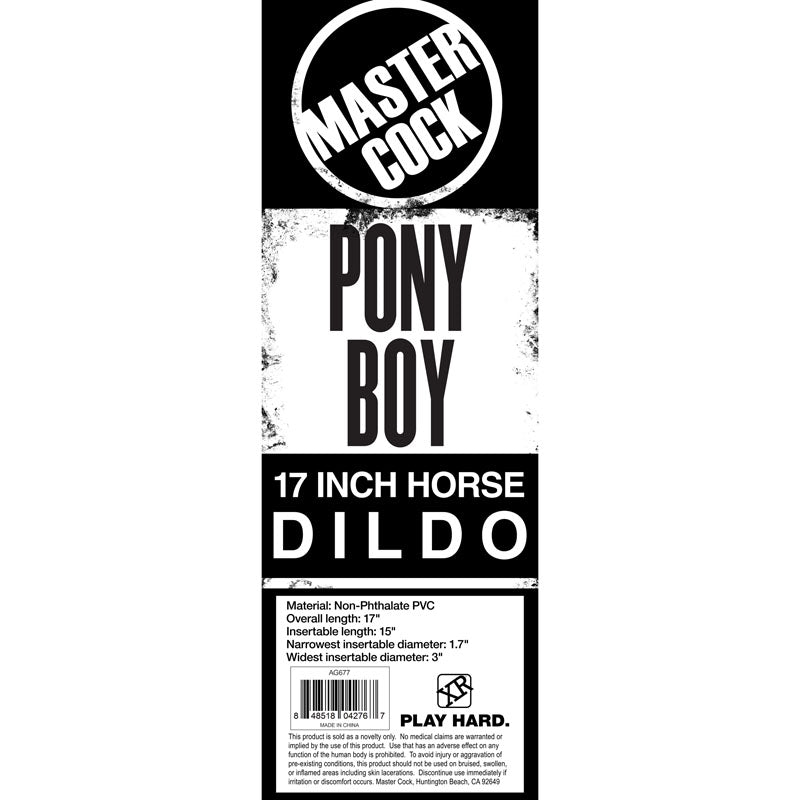 Master Cock Pony Boy - 43 cm (17'') Horse Dong packaging with product details and measurements.
