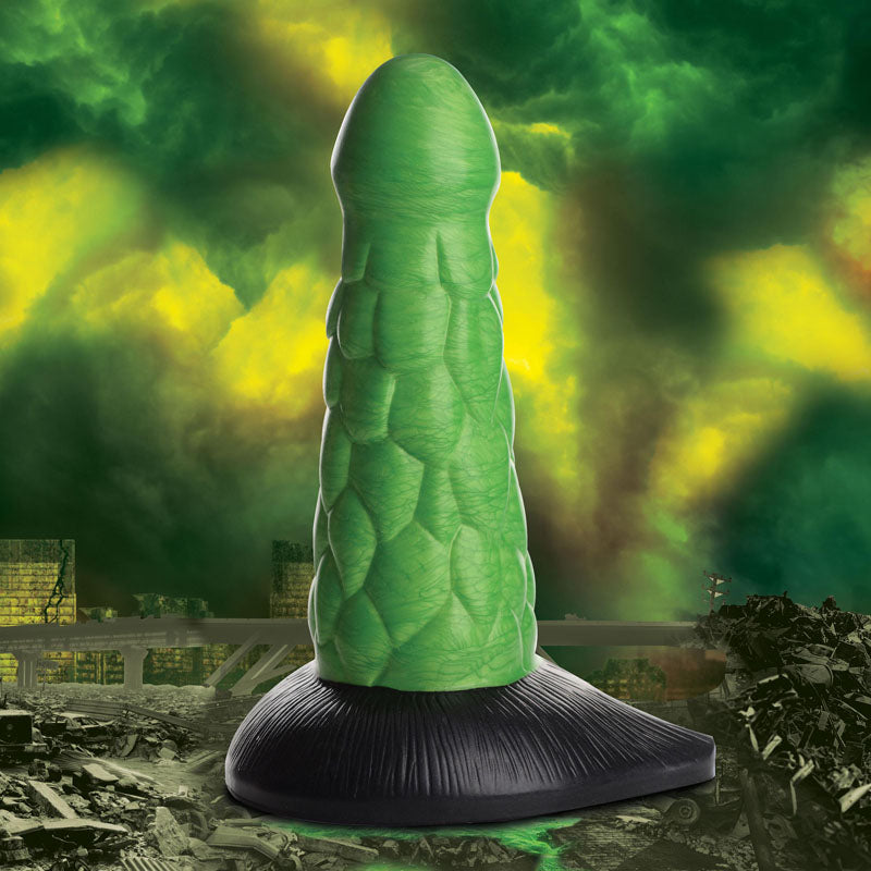 Creature Cocks Radioactive Reptile Thick Scaly Silicone Dildo -  19 cm Dildo displayed against a dramatic green and black backdrop.