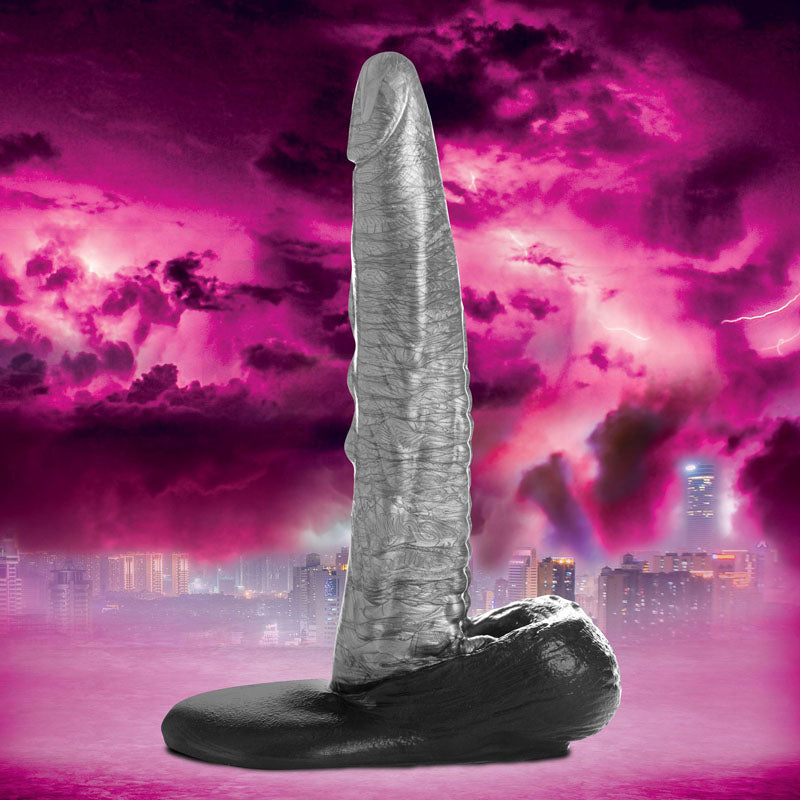 Creature Cocks The Gargoyle Rock Hard Silicone Dildo - Silver 23.6 cm Fantasy Dildo on a dramatic pink background.