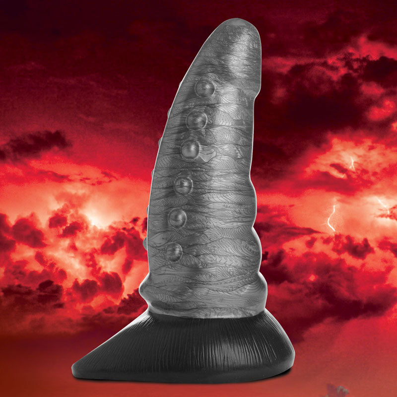 Creature Cocks Beastly Tapered Bumpy Silicone Dildo - Silver 21 cm Bumpy Dildo displayed against a fiery background.