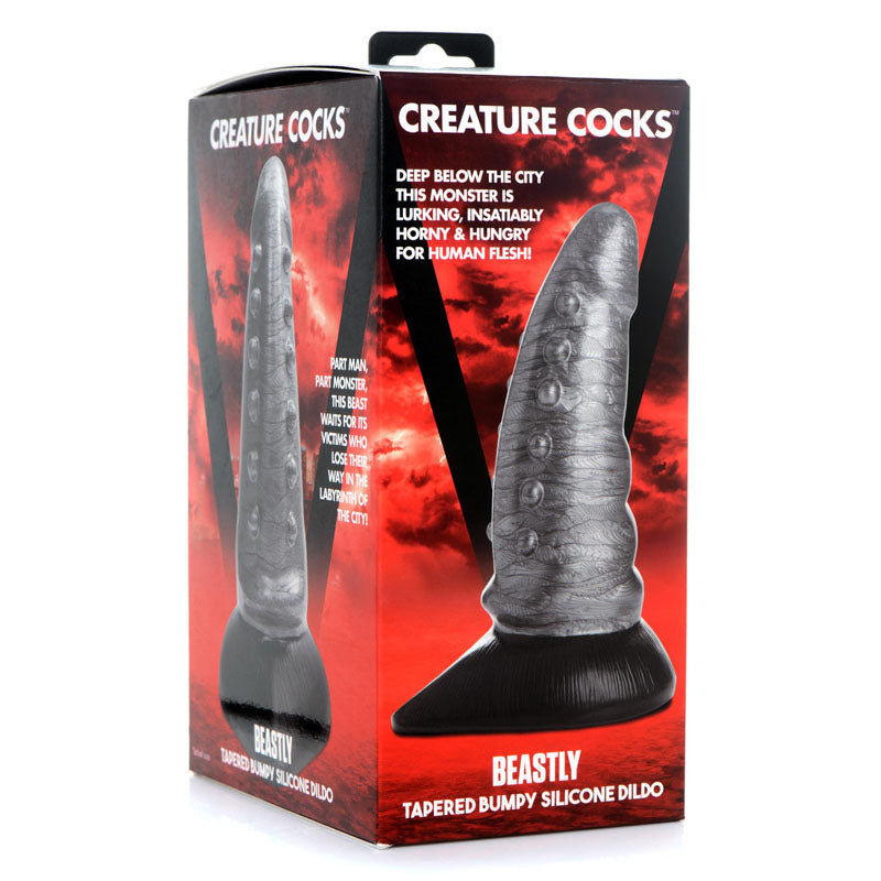 Creature Cocks Beastly Tapered Bumpy Silicone Dildo - Silver 21 cm Bumpy Dildo packaging with detailed design.