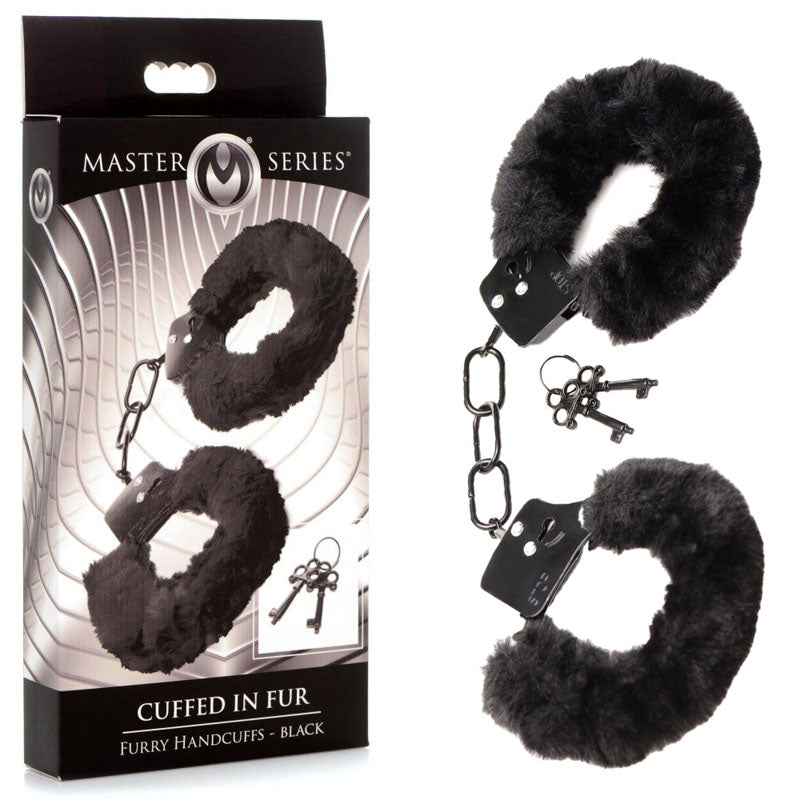 Master Series Cuffed in Fur -  Fluffy Handcuffs with packaging and two keys, soft furry black design.