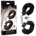 Master Series Cuffed in Fur -  Fluffy Handcuffs with packaging and two keys, soft furry black design.