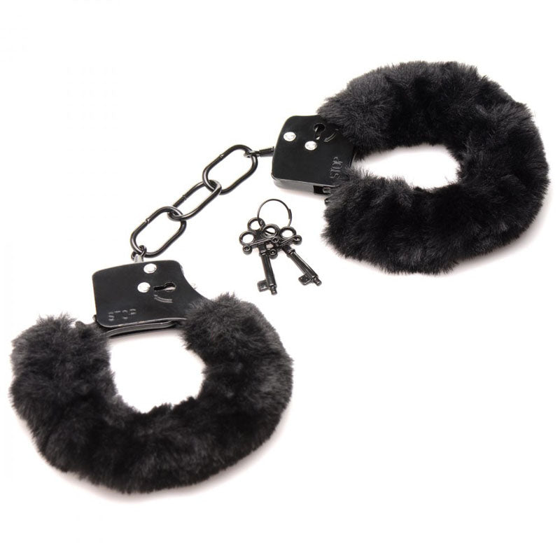 Master Series Cuffed in Fur -  Fluffy Handcuffs with keys, soft black faux fur for intimate essentials.