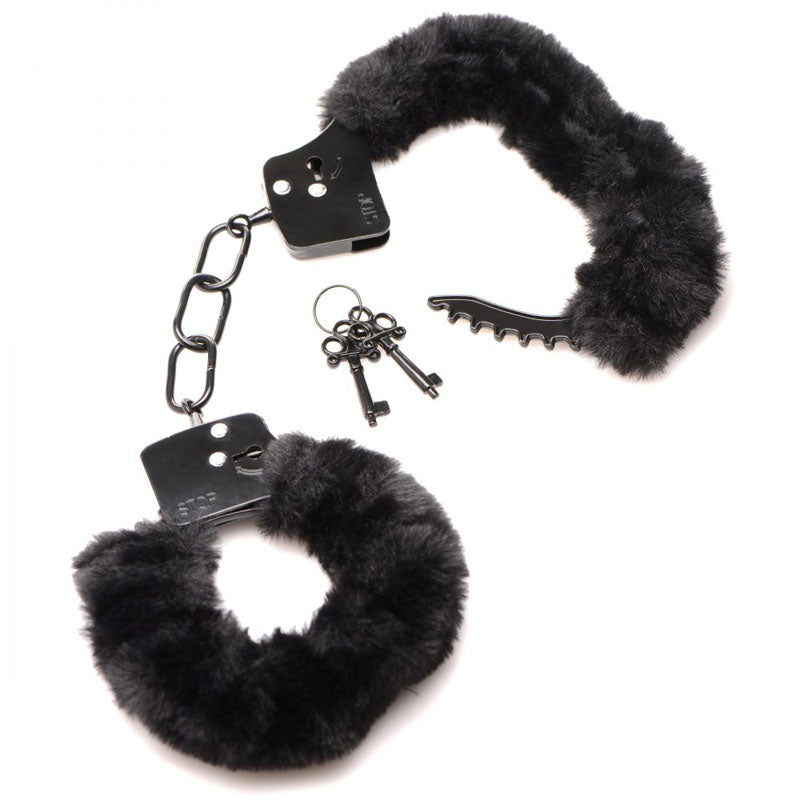 Master Series Cuffed in Fur -  Fluffy Handcuffs with soft black faux fur and adjustable metal cuffs, keys included.
