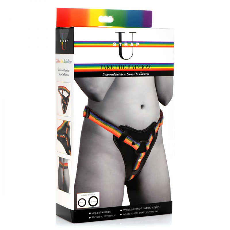 Strap-U Take the Rainbow - Rainbow Universal Strap-On Harness (No Probe Included) packaging with adjustable straps and rainbow design.