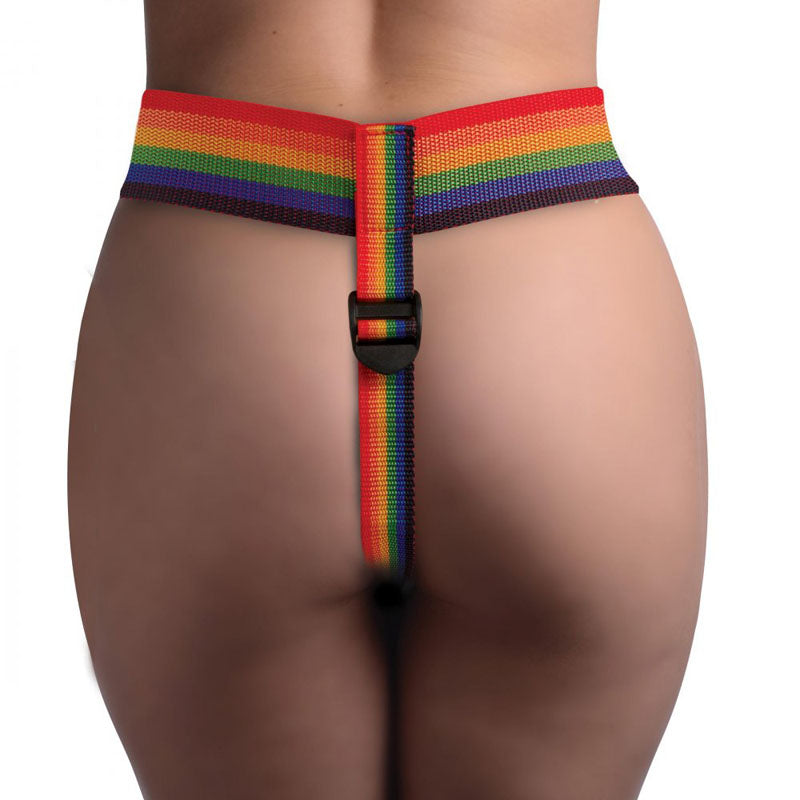 Strap-U Take the Rainbow - Rainbow Universal Strap-On Harness (No Probe Included) displayed on a model from the back.
