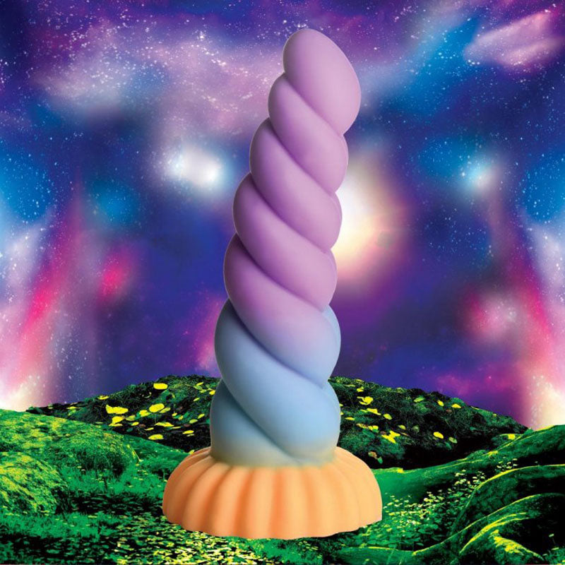 Creature Cocks Mystique Silicone Unicorn Dildo - 21 cm Fantasy Dildo with swirling colors in a mystical landscape.