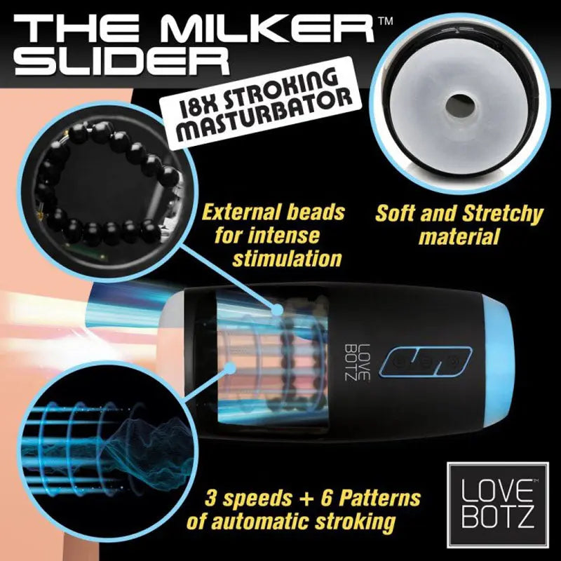 LoveBotz The Milker Slider 18X Stroking Masturbator - USB Rechargeable Stroking Masturbator XR Brands Discreet Intimate Essentials.