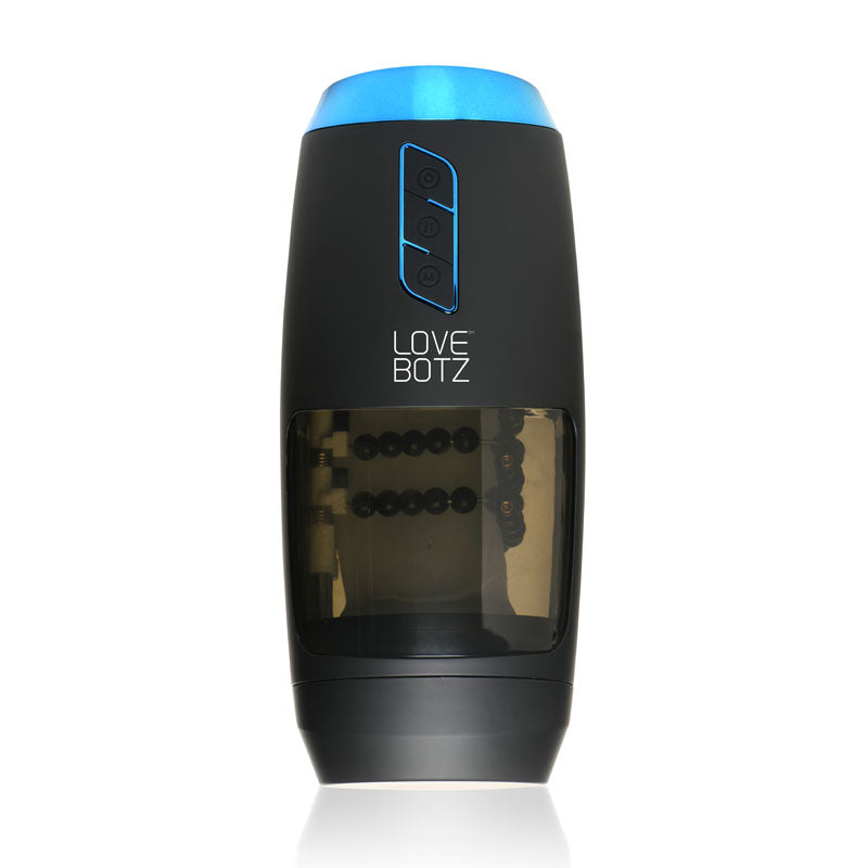 LoveBotz The Milker Slider 18X Stroking Masturbator - USB Rechargeable Stroking Masturbator in black with blue accents