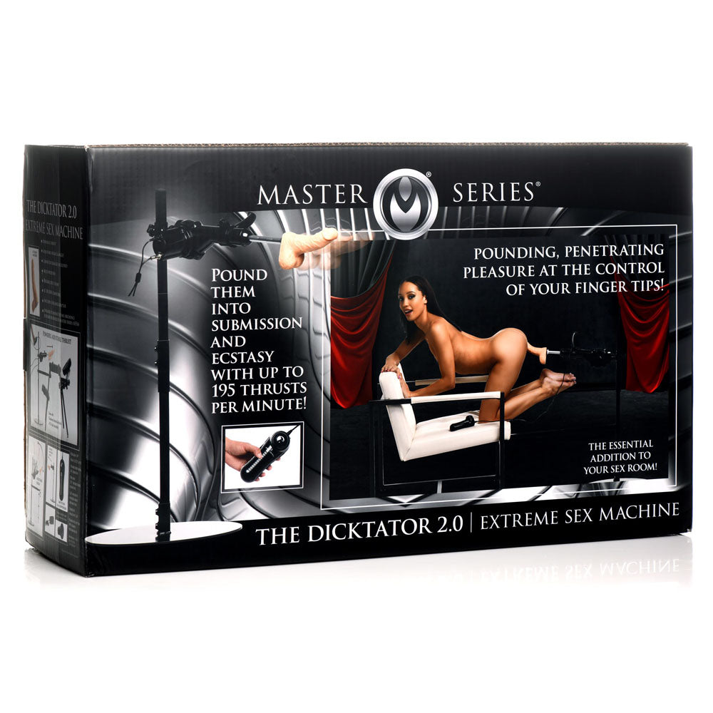 Master Series The Dicktator 2.0 - Mains Powered Sex Machine packaging showcasing features and usage.