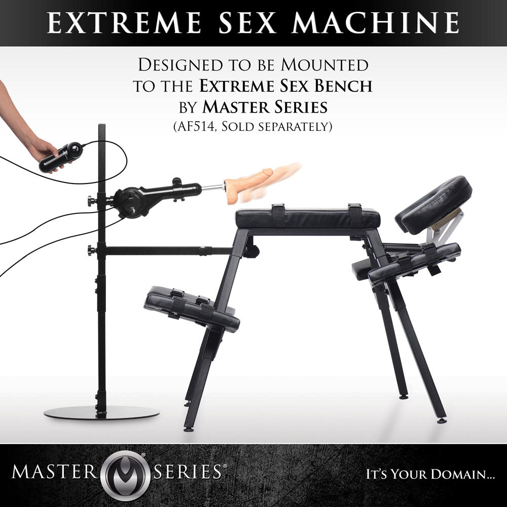 Master Series The Dicktator 2.0 - Mains Powered Sex Machine mounted on Extreme Sex Bench for enhanced pleasure.