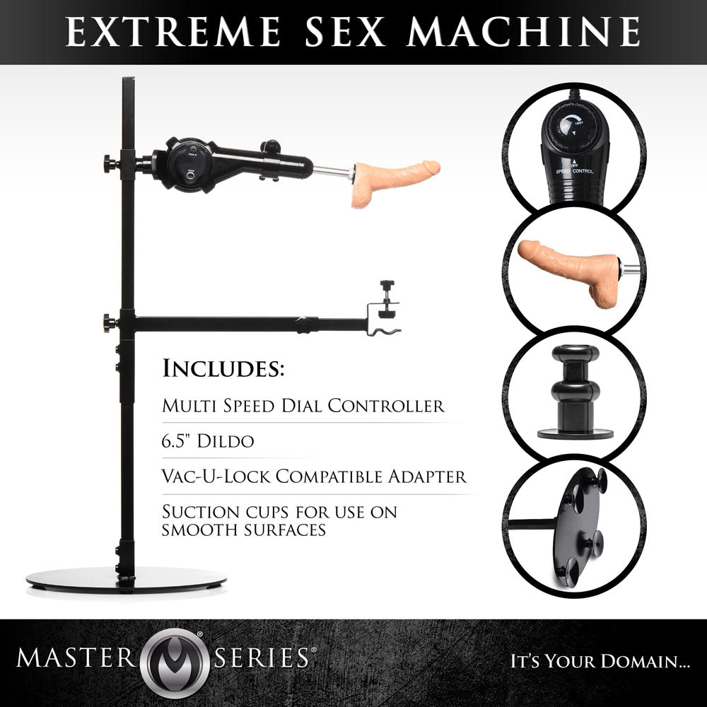 Master Series The Dicktator 2.0 - Mains Powered Sex Machine with multi-speed dial, suction cups, and 6.5-inch dildo.