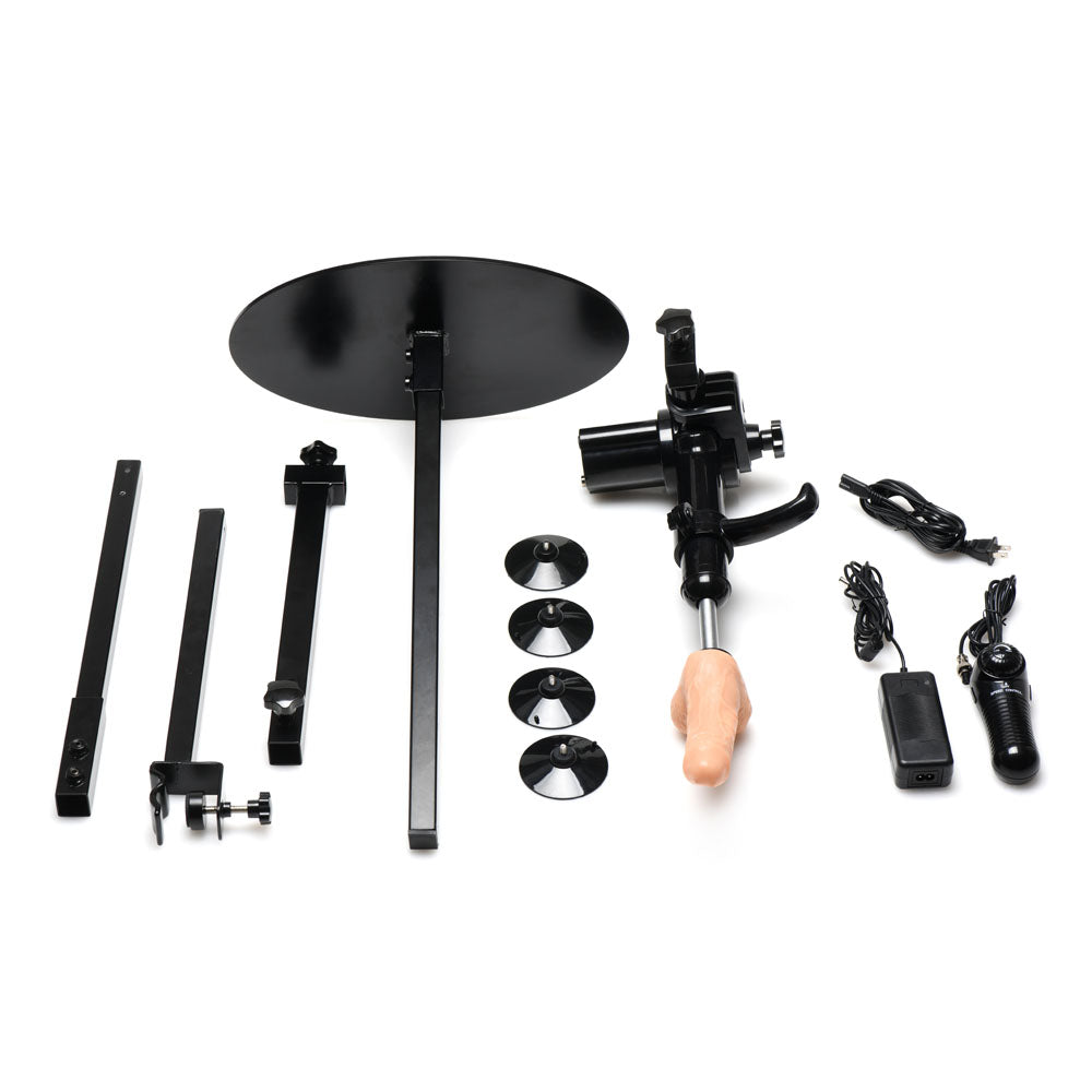 Master Series The Dicktator 2.0 - Mains Powered Sex Machine components including mounting parts and pleasure attachment.