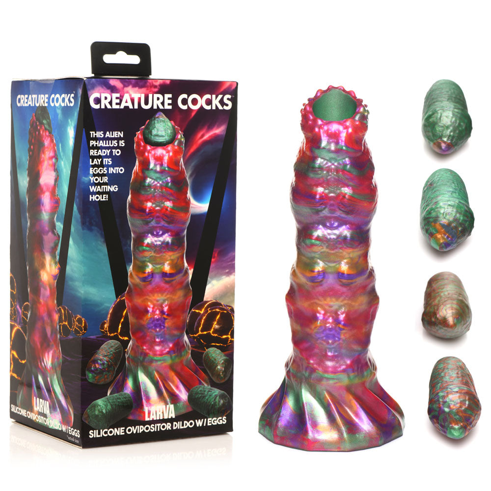 Creature Cocks Larva Silicone Dildo - 22.9 cm Fantasy Dildo with Eggs packaging and product displayed.