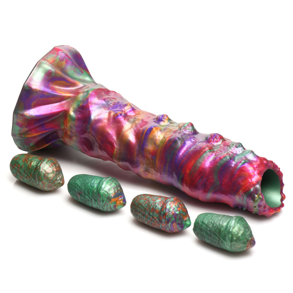 Creature Cocks Larva Silicone Dildo - 22.9 cm Fantasy Dildo with Eggs in vibrant iridescent colors.