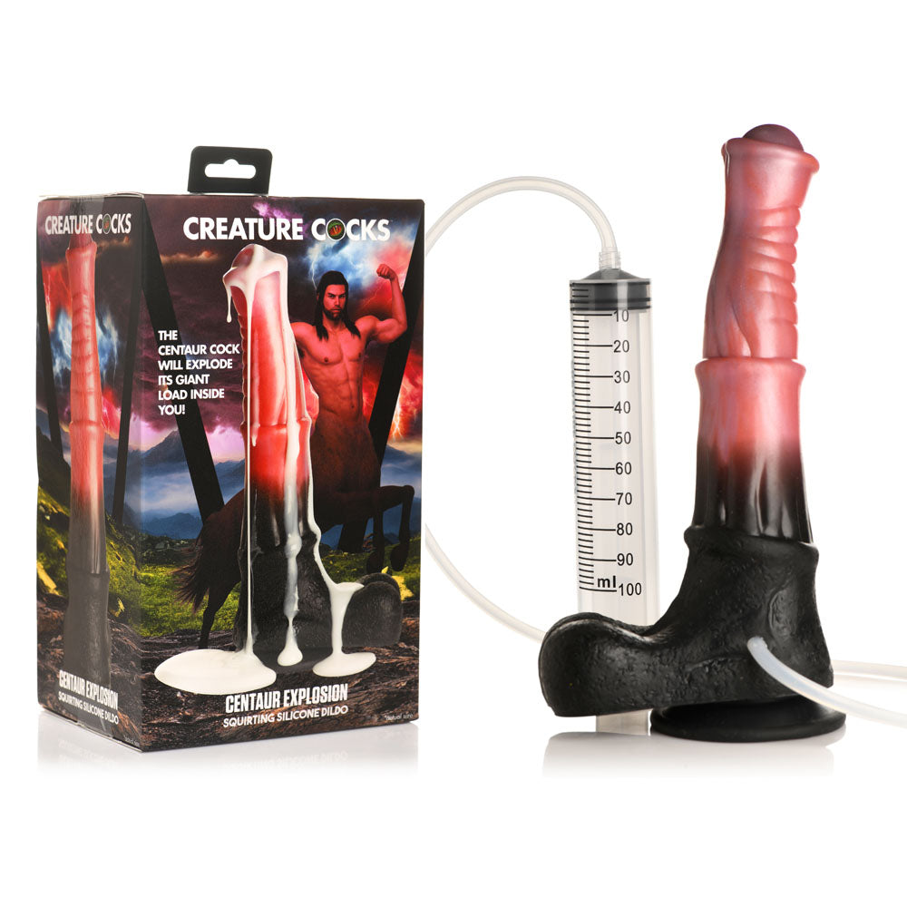 Creature Cocks Centaur Explosion - Pink/Black 24.5 cm Squirting Fantasy Dildo with measurement and black base
