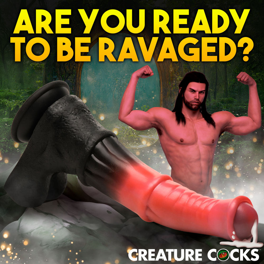Creature Cocks Centaur Explosion - Pink/Black 24.5 cm Squirting Fantasy Dildo ready to be ravaged in a fantasy setting.