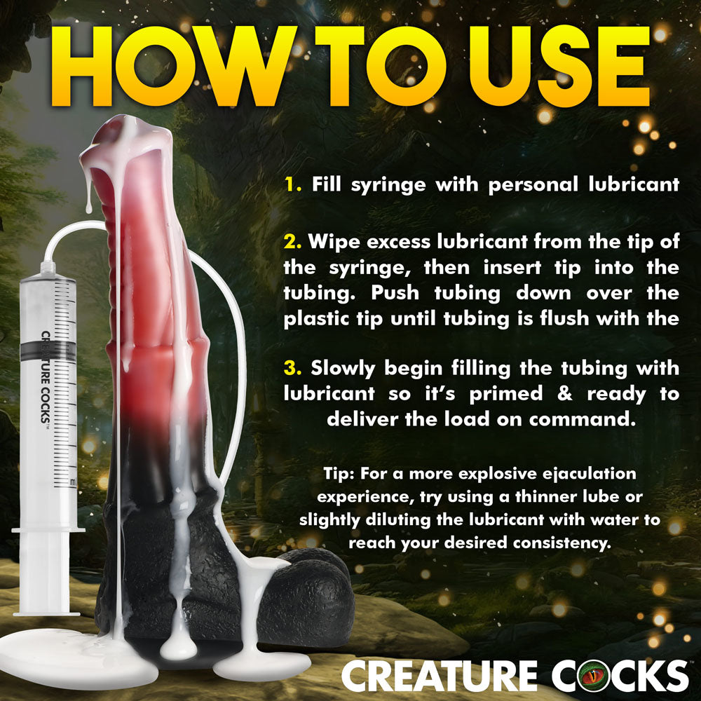 Instructions on using the Creature Cocks Centaur Explosion - Pink/Black 24.5 cm Squirting Fantasy Dildo.