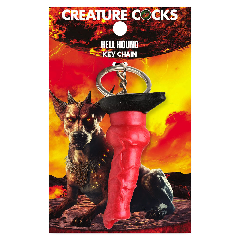 Creature Cocks Hell-Hound Keychain - Novelty Fantasy Dildo Keyring on a fiery background with a Hell Hound.