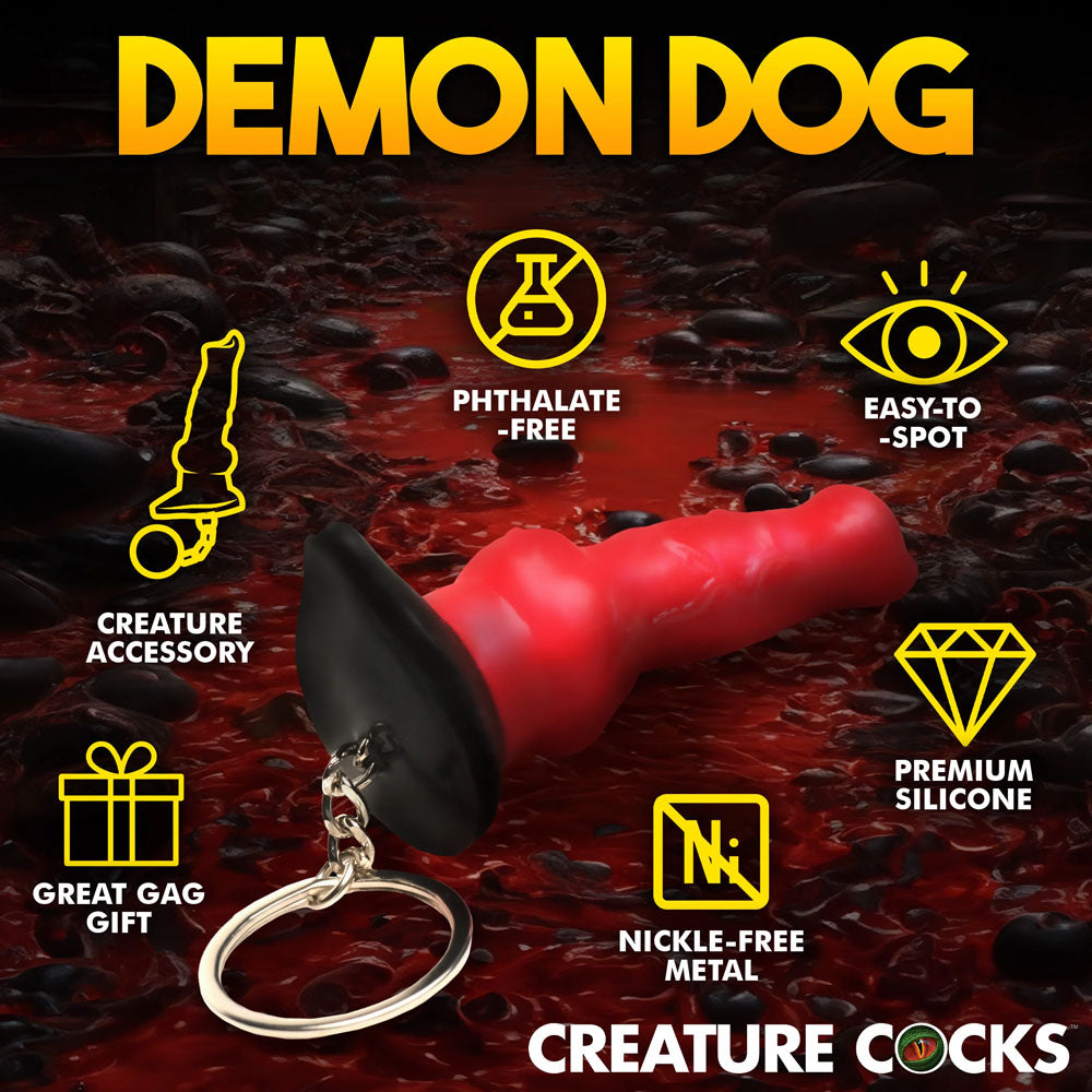 Creature Cocks Hell-Hound Keychain - Novelty Fantasy Dildo Keyring on a vibrant background with icons.