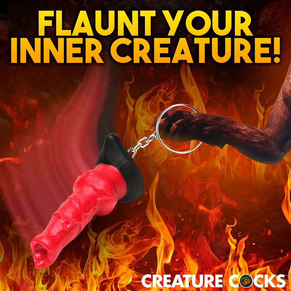 Creature Cocks Hell-Hound Keychain - Novelty Fantasy Dildo Keyring with flames in background to flaunt your inner creature.