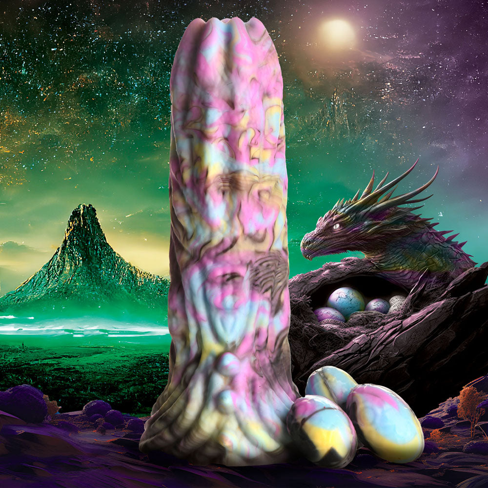Creature Cocks Dragon Spawn - Multi- 18.5 cm Ovipositor Fantasy Dildo with eggs in a mystical landscape.