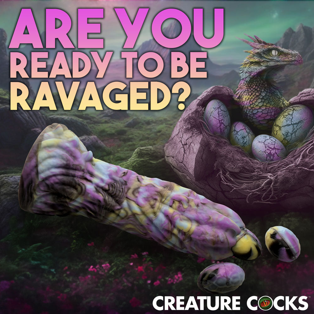 Creature Cocks Dragon Spawn - Multi- 18.5 cm Ovipositor Fantasy Dildo surrounded by dragon eggs in a mystical landscape.
