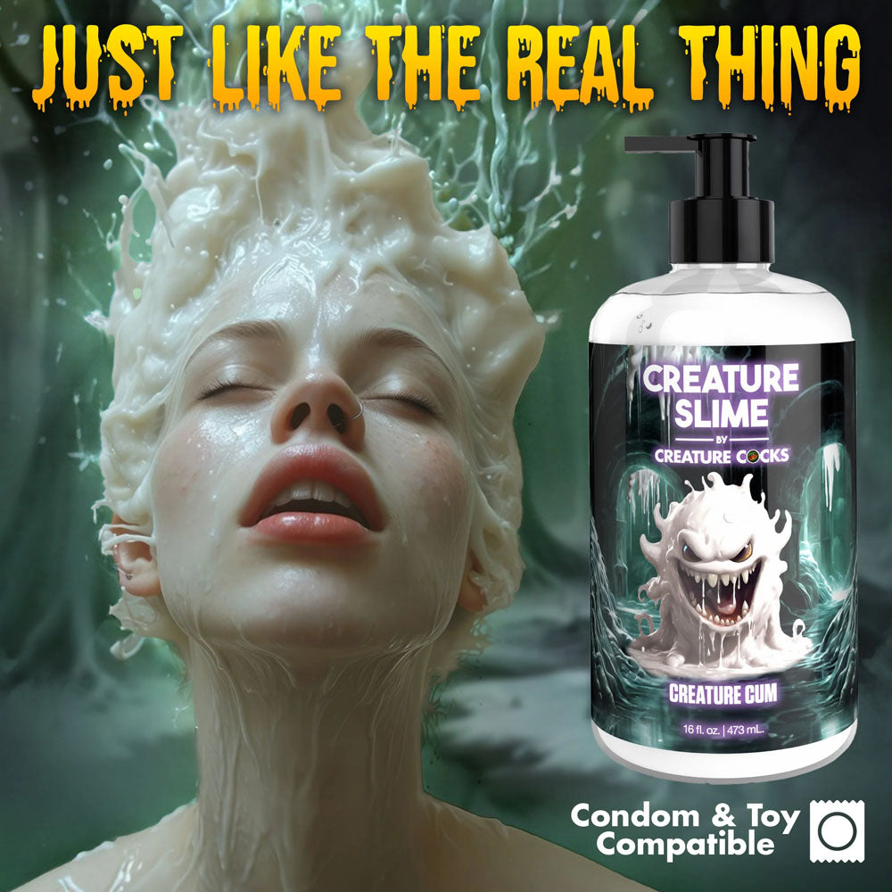 Creature Slime by Creature Cocks - Creature Cum - Cum Lubricant - 473 ml Pump Bottle next to a model, for intimate essentials.