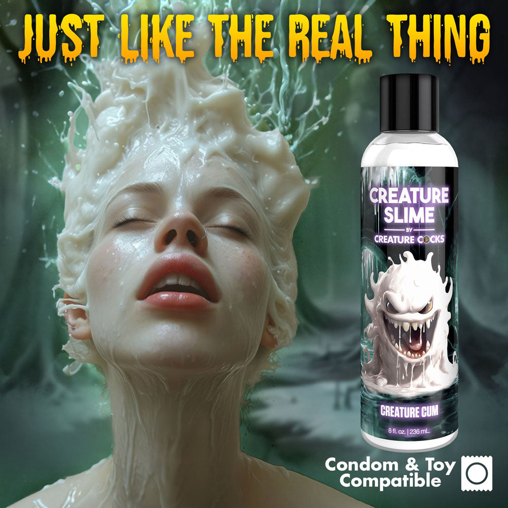 Creature Slime by Creature Cocks - Creature Cum - Cum Lubricant - 236 ml Pump Bottle with model and product in background.