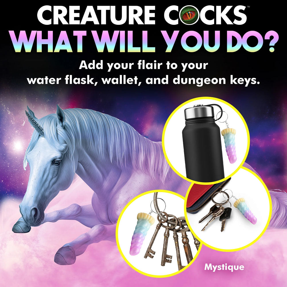 Creature Cocks Mystique Unicorn Keychain - Novelty Fantasy Dildo Keyring with colorful unicorn horn, adding flair to keys and accessories.