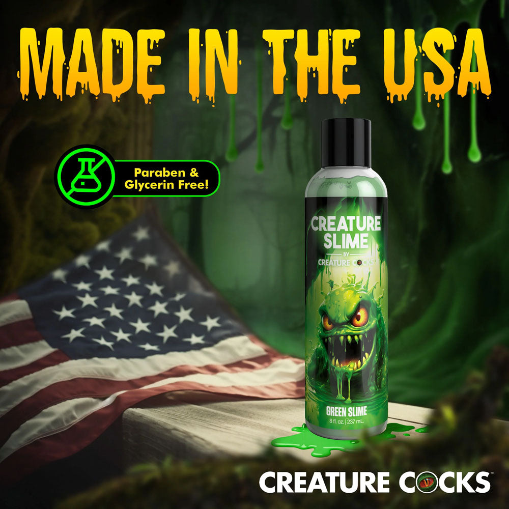Creature Slime by Creature Cocks -  Slime -  Water Based Lubricant - 237 ml Bottle with American flag background.