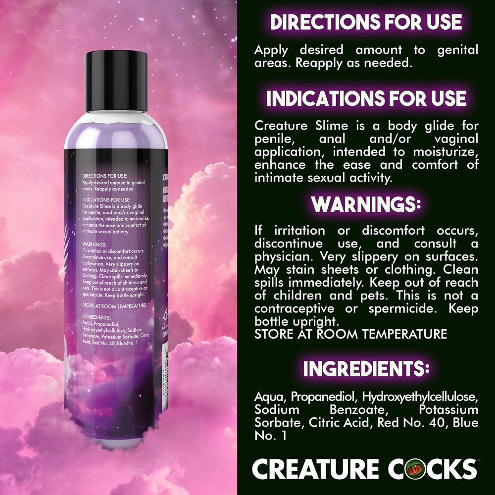 Creature Slime by Creature Cocks -  Slime -  Water Based Lubricant - 237 ml Bottle with purple design instructions.