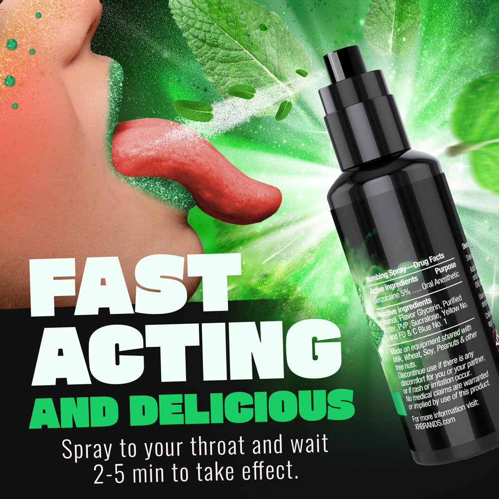 Good Blow Deep Throat Spray - Spearmint - Spearmint Flavoured Numbing Spray - 59 ml Spray on display with refreshing mint background.