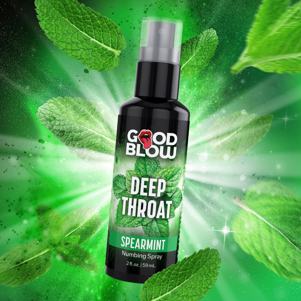 Good Blow Deep Throat Spray - Spearmint - Spearmint Flavoured Numbing Spray - 59 ml Spray with mint leaves background.