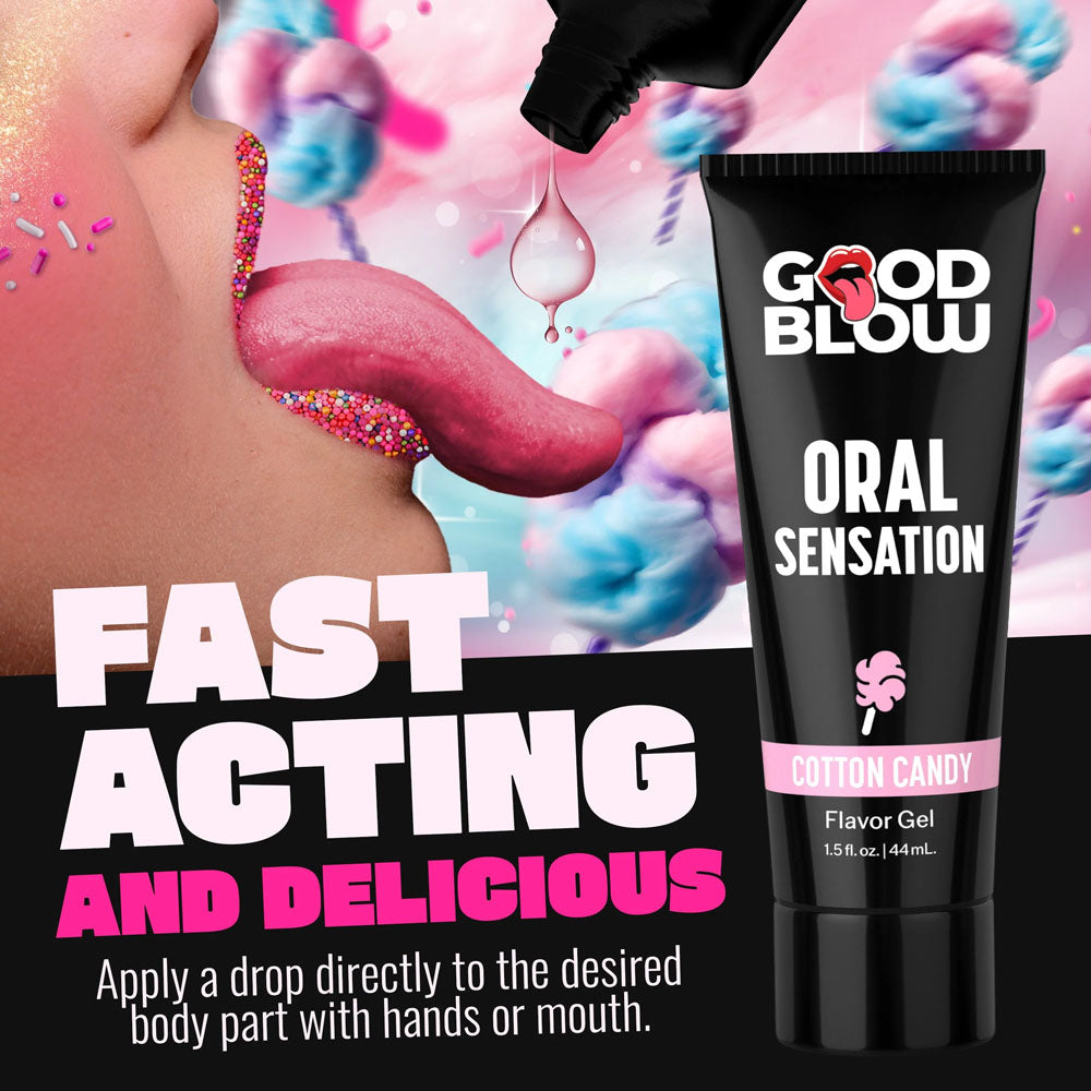 Good Blow Oral Sensation Gel - Cotton Candy - Cotton Candy Flavoured Oral Sex Gel - 44 ml Tube with colorful background.
