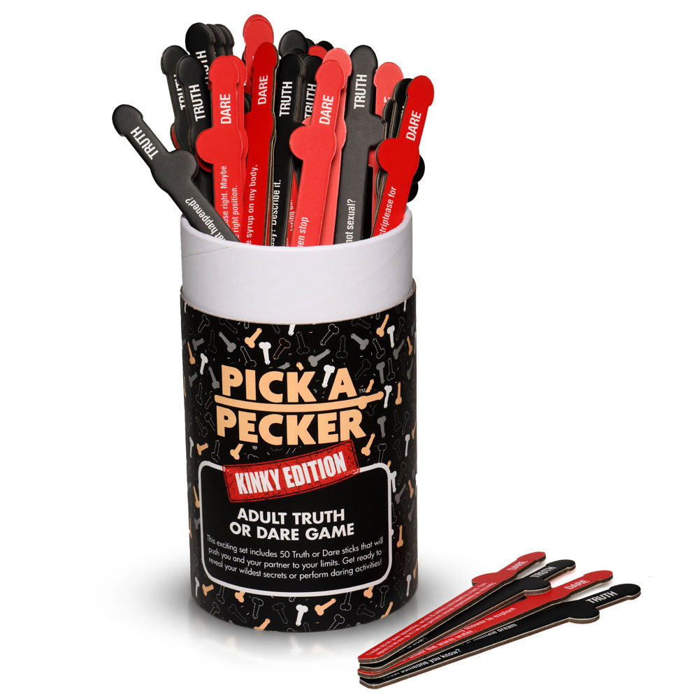 Frisky Pick A Pecker - Kinky Edition - Adult Truth Or Dare Game in a playful container with truth and dare sticks.