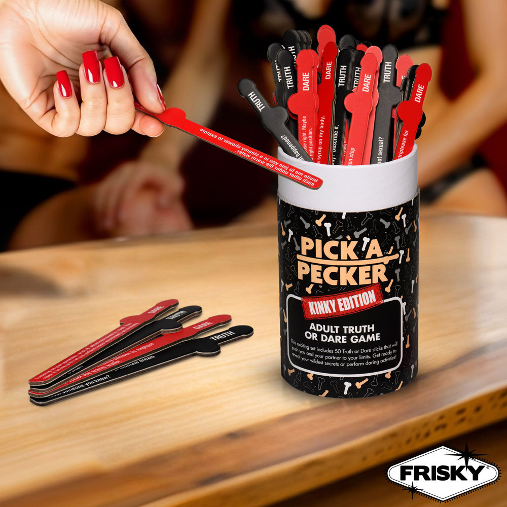 Frisky Pick A Pecker - Kinky Edition - Adult Truth Or Dare Game in a fun, playful setting with game pieces and participants.