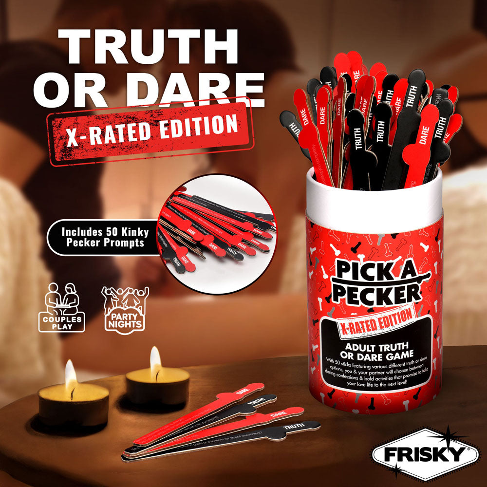 Frisky Pick A Pecker - X-Rated Edition - Adult Truth Or Dare Game with 50 kinky pecker prompts for fun couple activities.