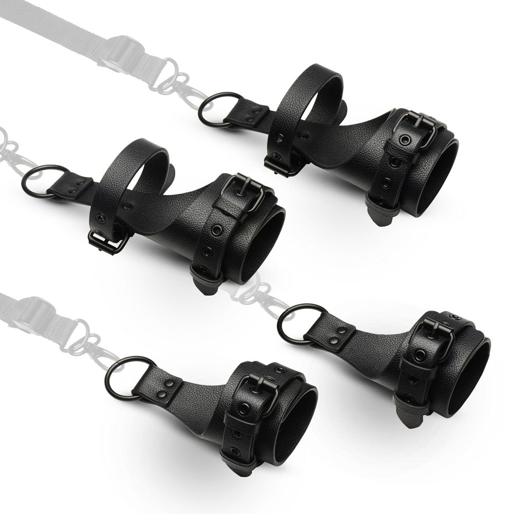 Master Series All Access - Bed Restraint Kit featuring durable black vegan leather straps for bondage play.