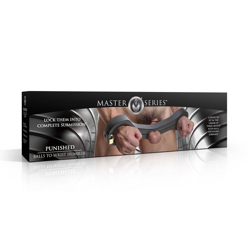 Master Series Punished - Balls To Wrist Humbler Restraint packaging for intimate essentials and adult novelty store.