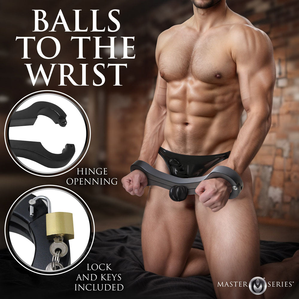 Master Series Punished - Balls To Wrist Humbler Restraint with hinge opening and lock design.