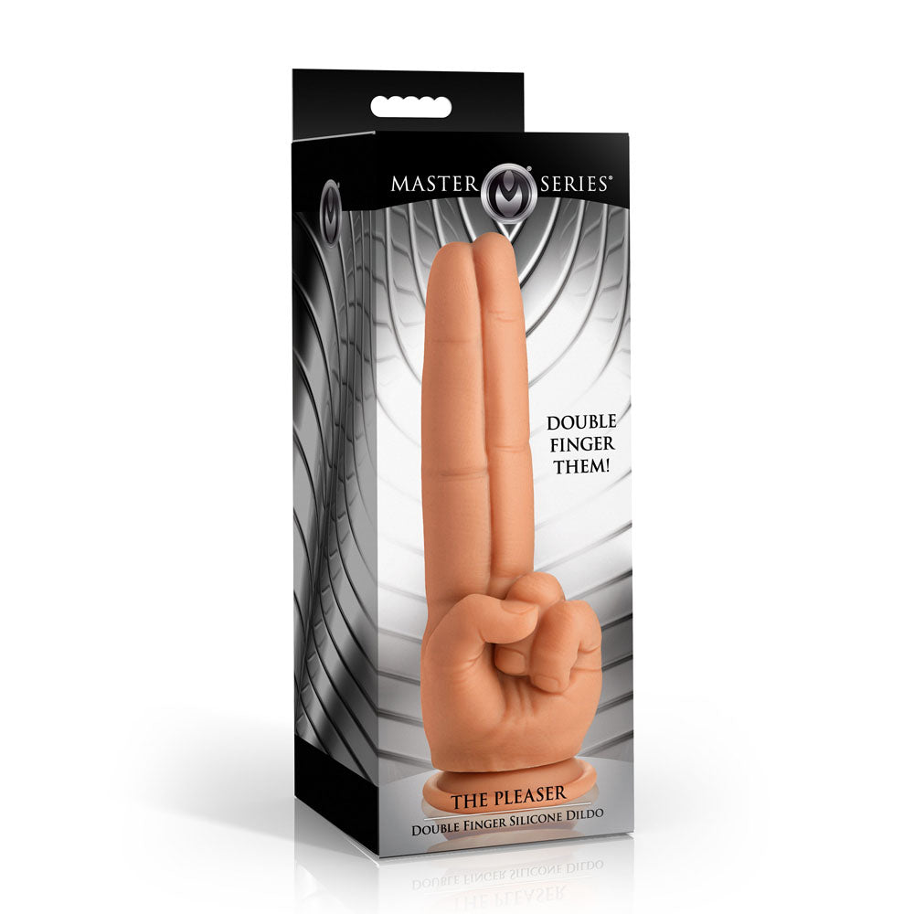 Master Series The Pleaser - 23.6 cm Double Finger Dildo in packaging with playful design for intimate essentials.