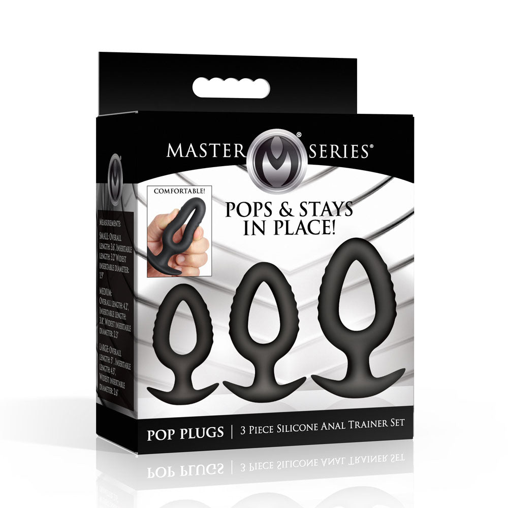 Master Series Pop Plugs -  Anal Plug Trainer Set - Set of 3 Sizes packaging showcasing comfort and unique design.