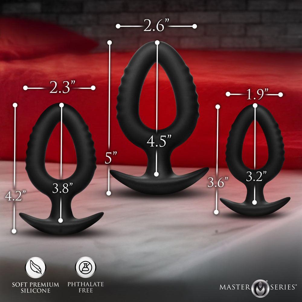 Master Series Pop Plugs -  Anal Plug Trainer Set - Set of 3 Sizes with measurements and soft premium silicone design.