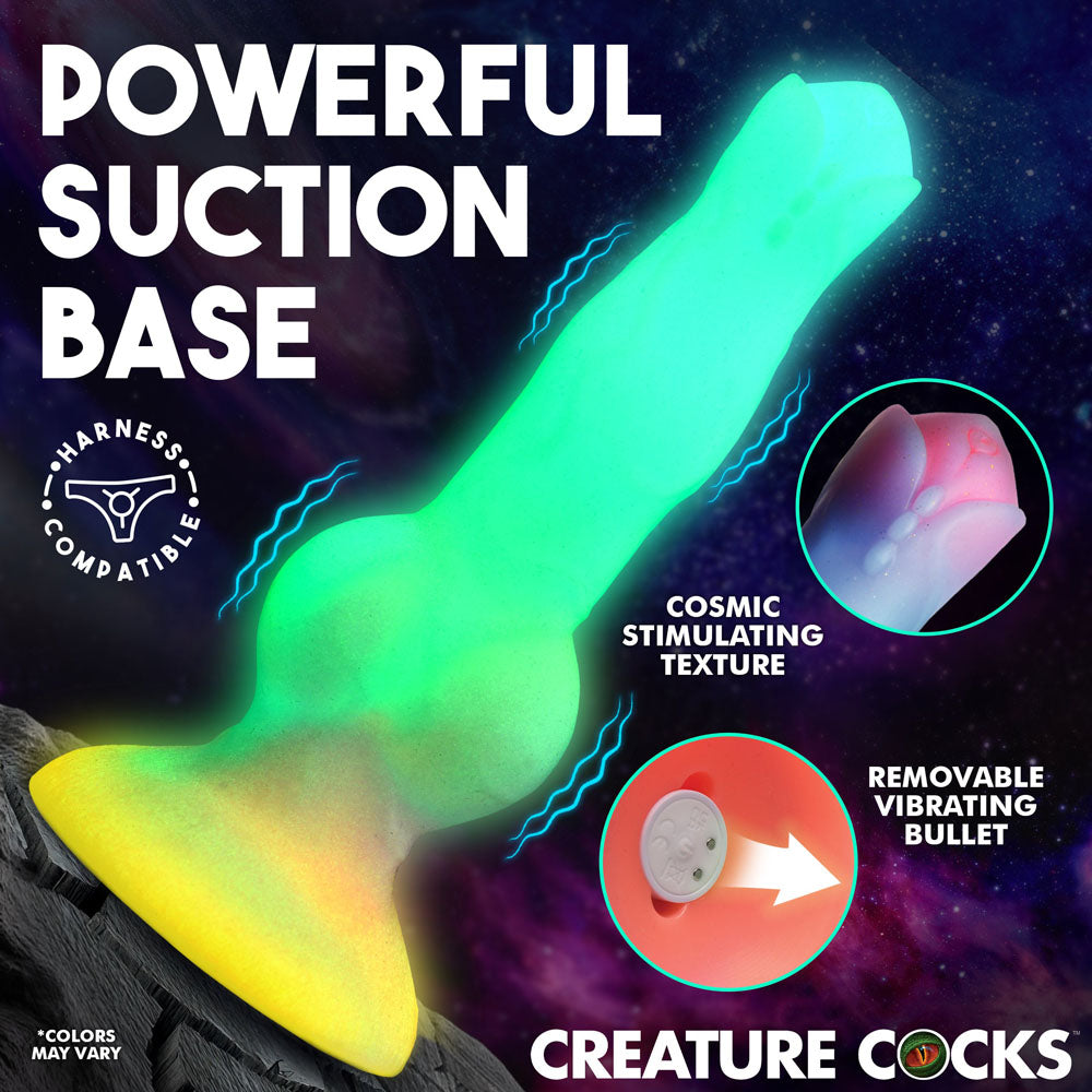 Creature Cocks Astro Cock - Glow In Dark 20.6 cm Vibrating Fantasy Dildo with Remote with powerful suction base and cosmic texture.