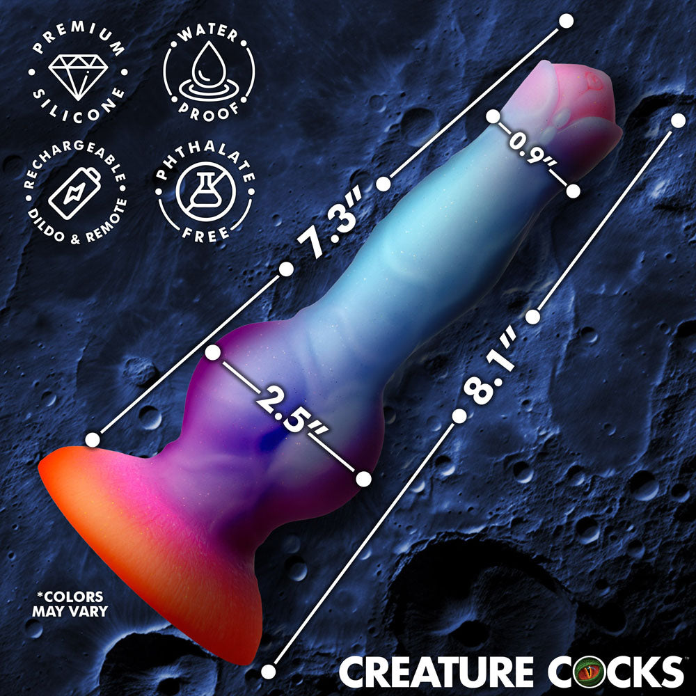 Creature Cocks Astro Cock - Glow In Dark 20.6 cm Vibrating Fantasy Dildo with Remote, features premium silicone, waterproof, rechargeable.