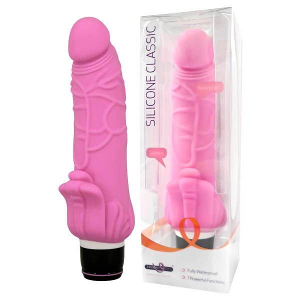 Silicone Classic - 19 cm (7.5'') Vibrator in pink packaging with functions and waterproof features