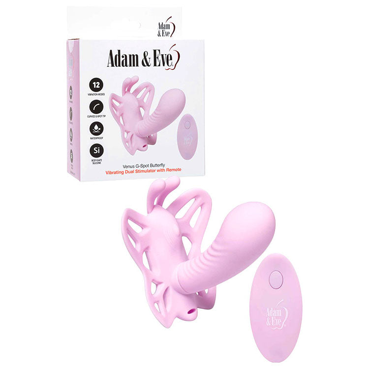 Adam & Eve VENUS G-SPOT BUTTERFLY - USB Rechargeable Wearable Butterfly Vibrator with Remote and packaging.