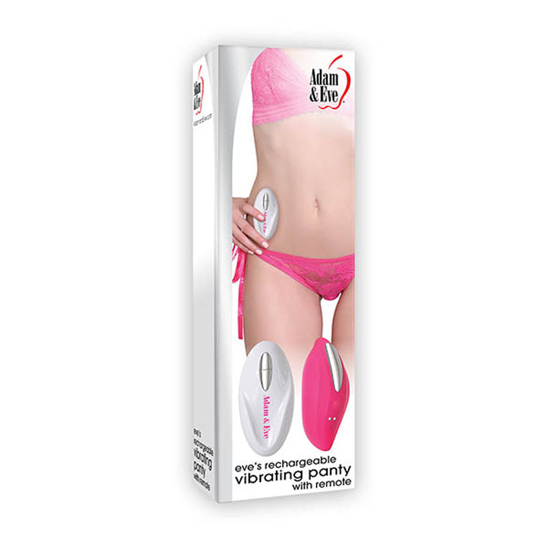 Adam & Eve Eve's Rechargeable Vibrating Panty With Remote - Vibrating Panty with Remote Control packaging display.